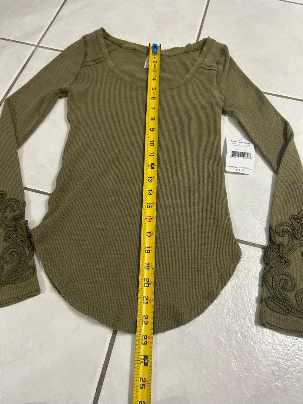 Free People Olive Green Waffle Knit Long Sleeve with Embroidered Cuffs